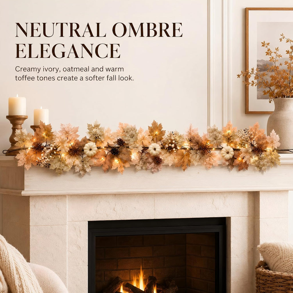 Fall Decor Garland with Lights, 6Ft, 30 Warm LED, White Pumpkins