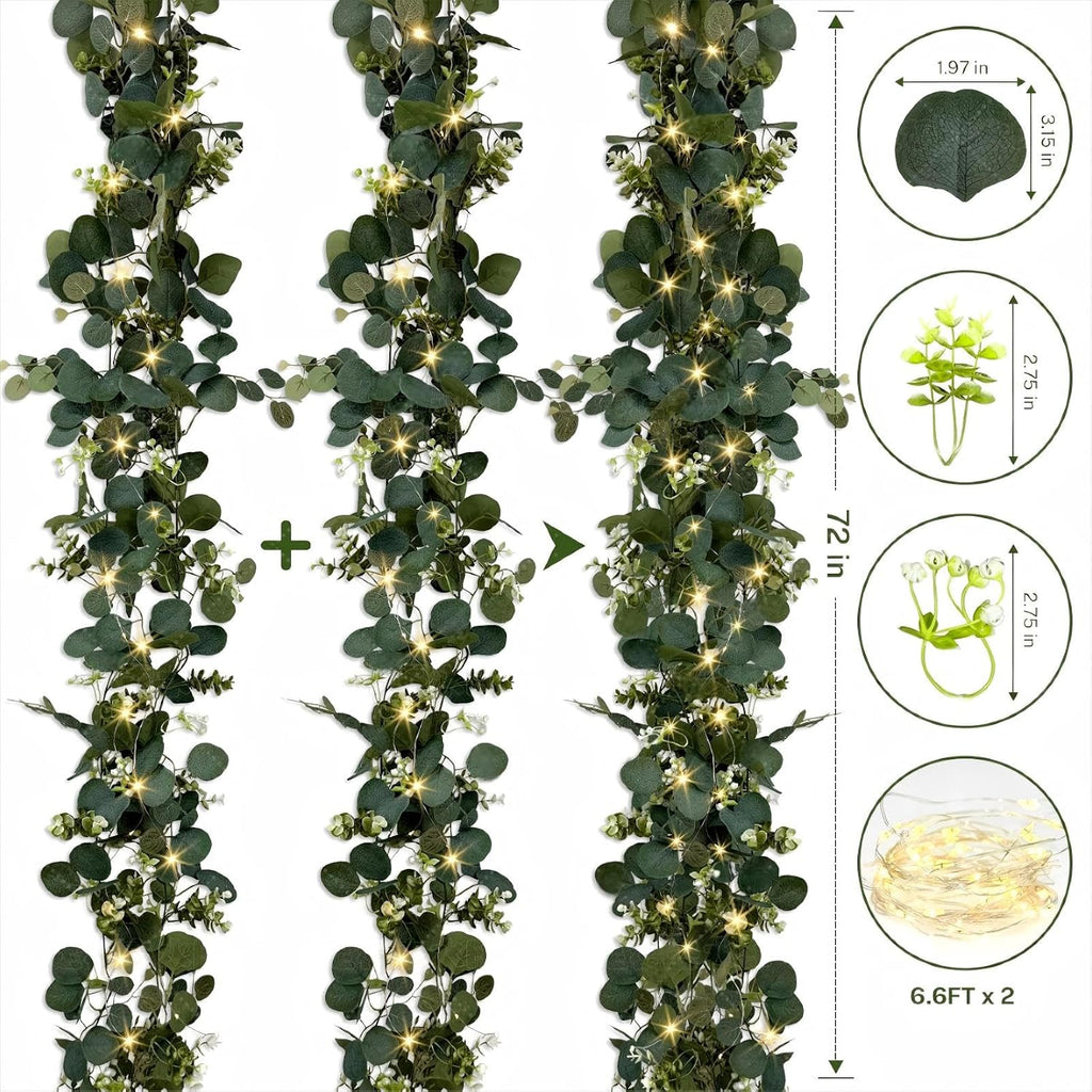 Eucalyptus Garland with Lights, 2 Packs 6FT Green Flower Garland Decor, Artificial Faux Eucalyptus Leaves Greenery - Set of 2