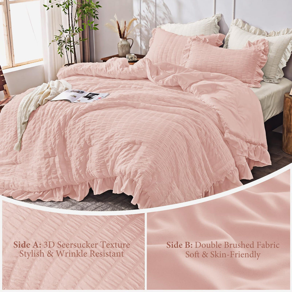 Comforter Set, 3 Pieces Rose Gold Seersucker Comforters, Lightweight & Fluffy Bedding Sets