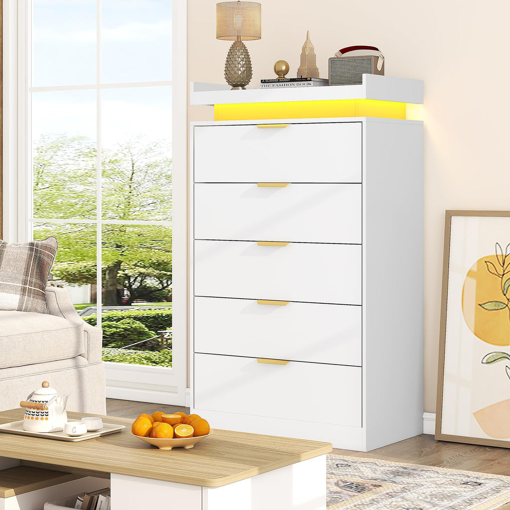 Tall Dresser, White Dresser with LED Lights, Wood 5 Drawer Chest with Power Outlet, Modern Chest of Drawers