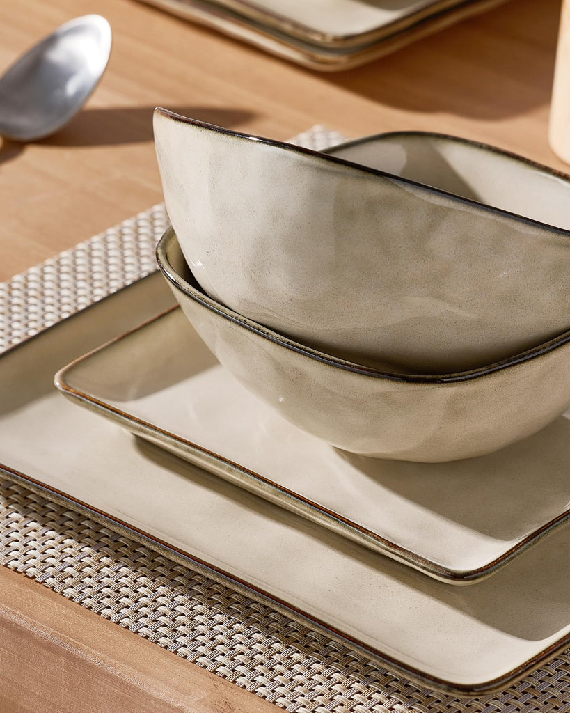 Square Ceramic Dinnerware Set for 4, Plates and Bowls, Light khaki