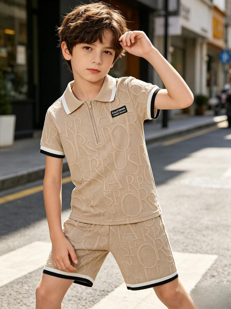 Boys Clothes Piece Casual Street Style Turn-Down Collar Half Zip Kids Teen Boys Summer Outfits