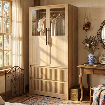 2 Fluted Drawer Armoire Wardrobe Closet with Glass Door, Farmhouse Freestanding Wooden Armoire Closet w/Hanging Rod