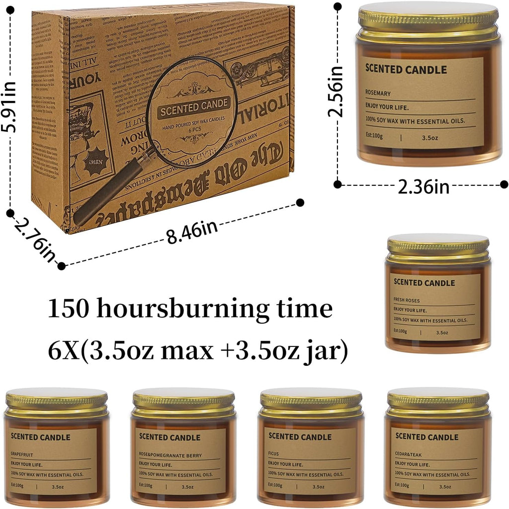 Scented Candles Gifts for Women,3.5 Oz Amber Candles Set, 150 Hours Long Burning Soy Wax Candles Jar - Set of 6