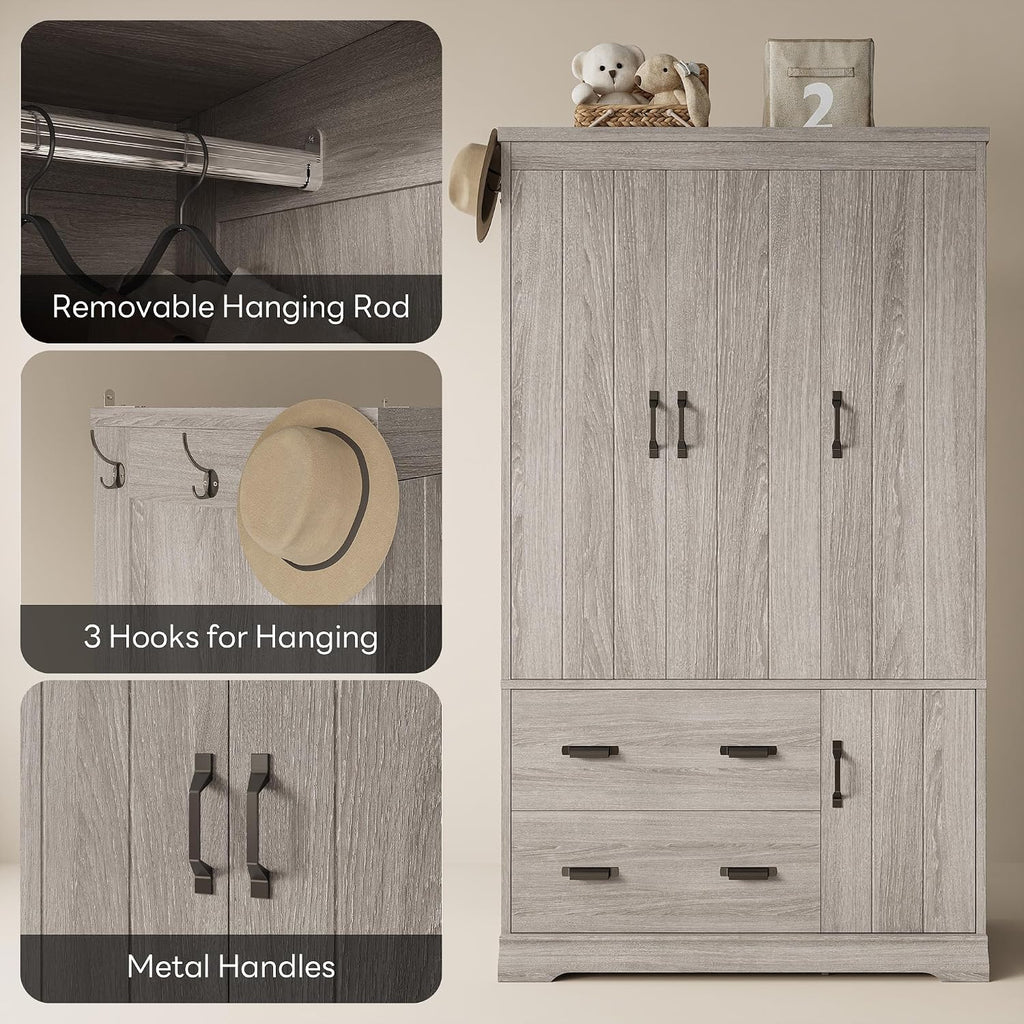 Wardrobe Closet, 70" Tall 4 Doors Large Wooden Closet with 2 Drawers, 3 Shelves Bedroom Armoire with Hanging Rod