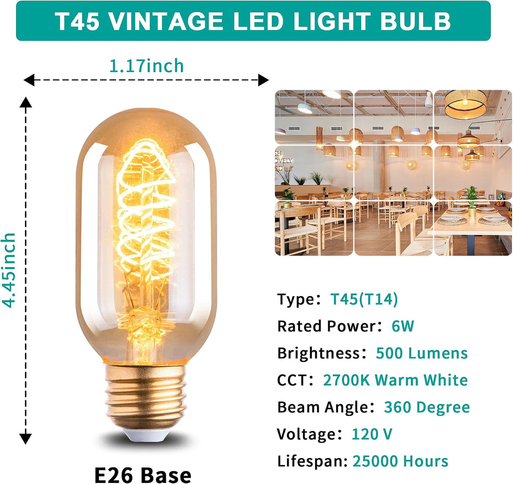 Warm T45 LED Edison Light Bulbs, 6W Equivalent to 60W, 2700K Warm White, Flexible Spiral Filament Light Bulbs