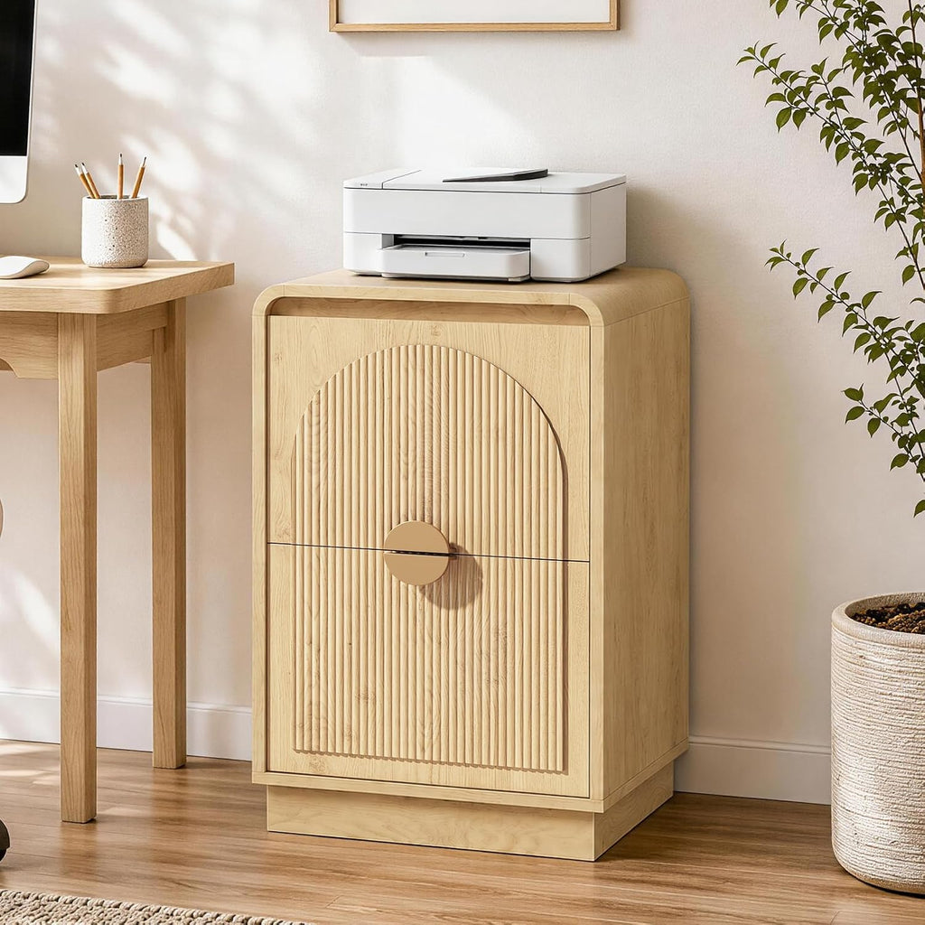 Fluted 2 Drawers Vertical File Cabinet with Curved Corners, Natural