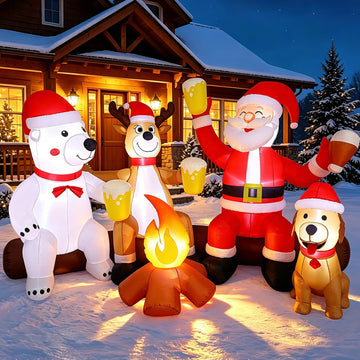 8FT Christmas Inflatable Outdoor Decoration with Built-in LEDs Lights, Blow-Up Santa Claus, Bear and Deer Keeping