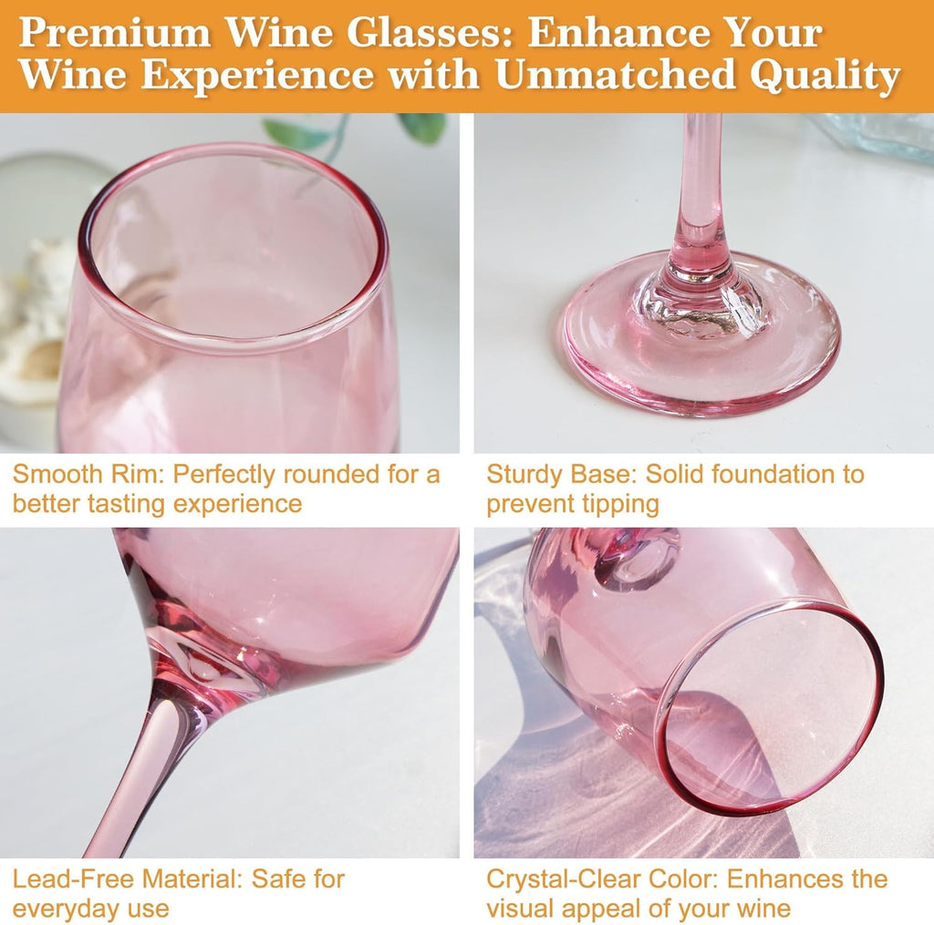 Pink Wine Glasses Set of 6, 12oz Stemmed Glasses, Thick & Colored, Dishwasher Safe Stemware for Red or White, Gift