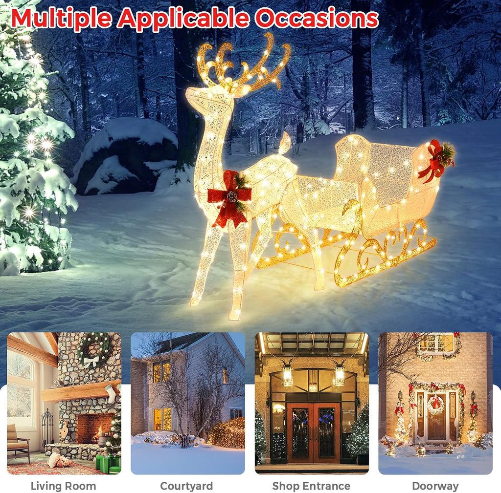 6 FT Christmas Lighted Reindeer & Santa's Sleigh Set, Warm White