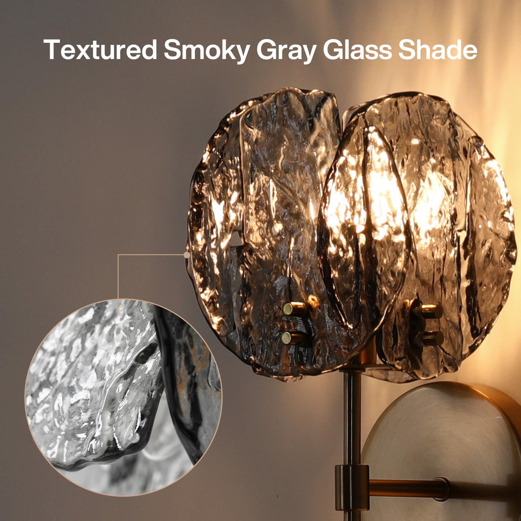 Crystal Gold Wall Sconce,Brass Modern Double Light Wall Sconce with Textured Smoke Glass Shade,Luxury