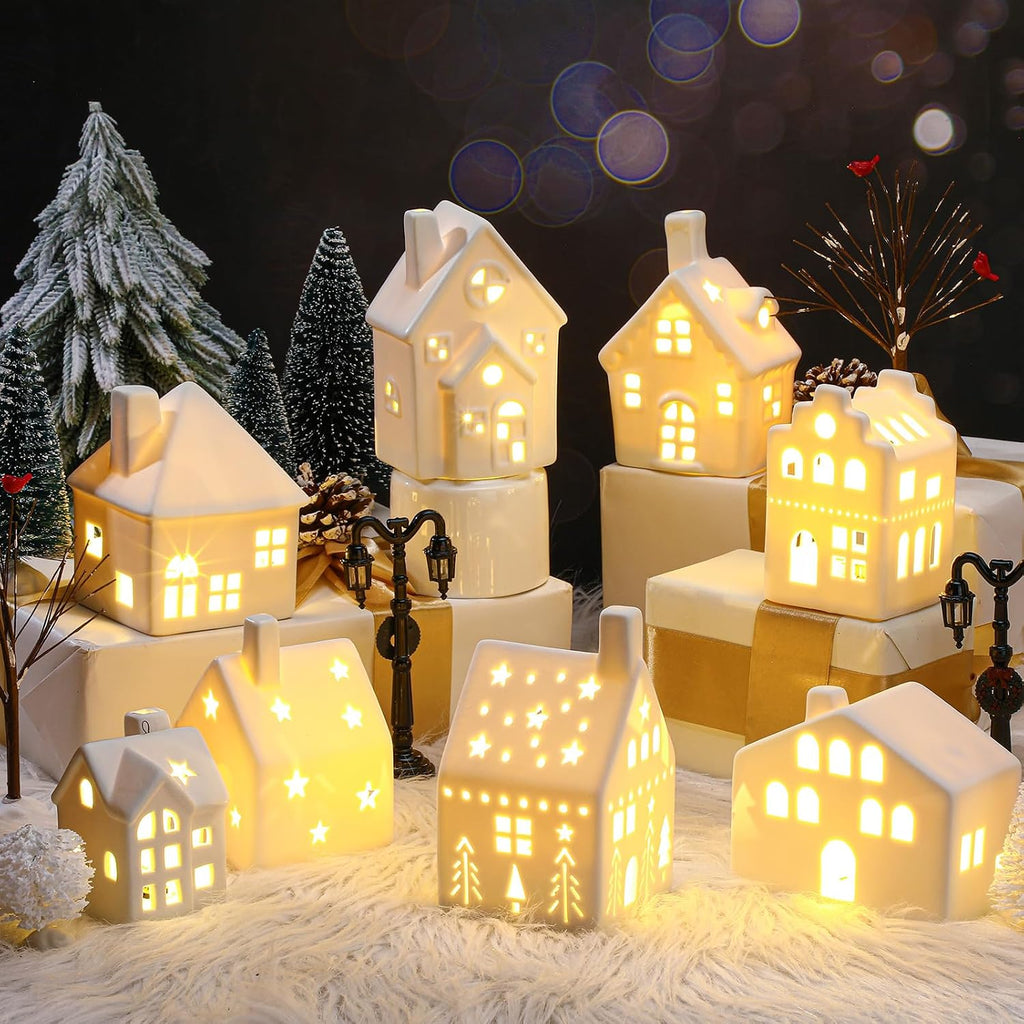 26 Pcs Ceramic Christmas Village Set LED Lighted White,Classic
