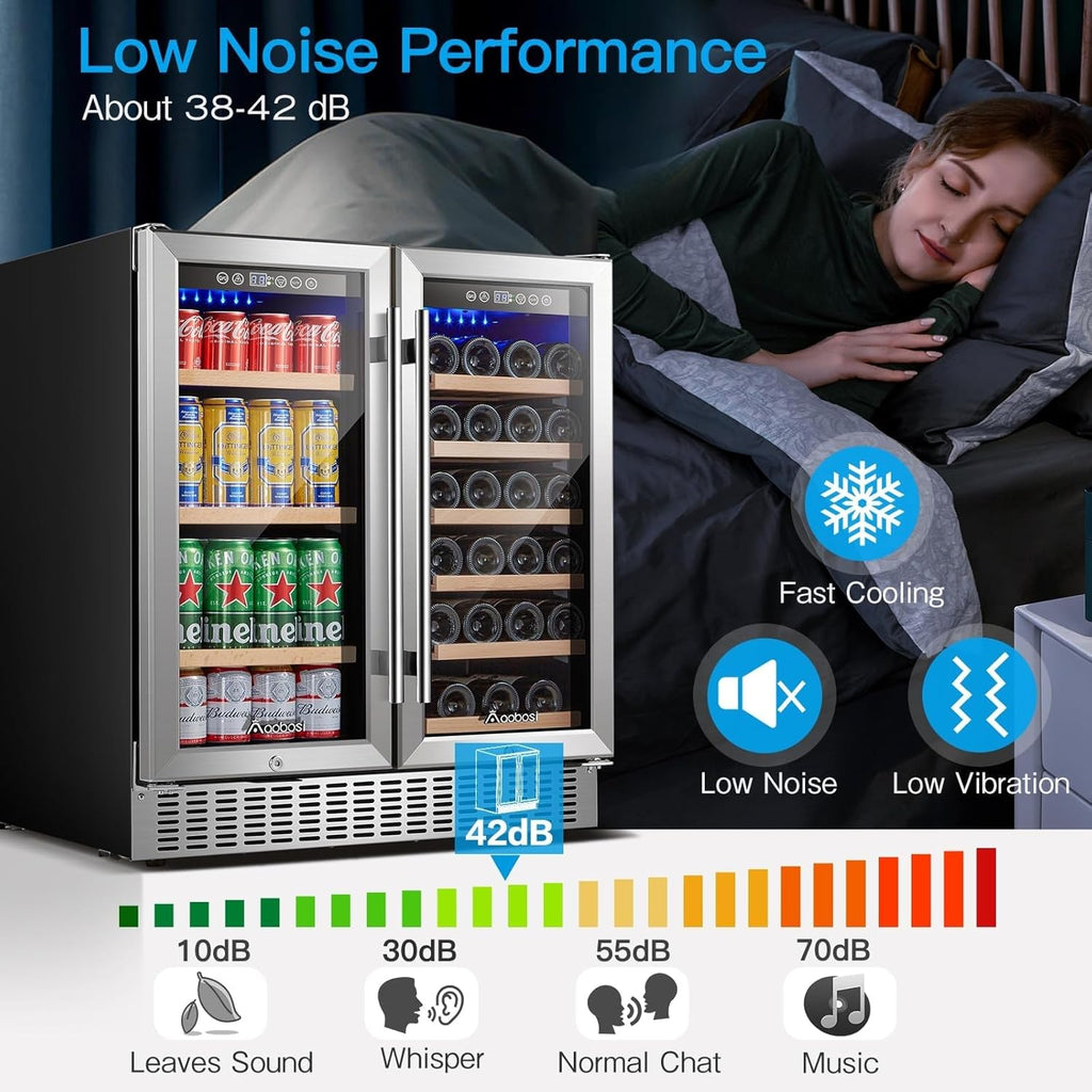 30 Inch Dual Zone Wine and Beverage Cooler,28 Bottles & 110 Cans Wine Fridge,Bui