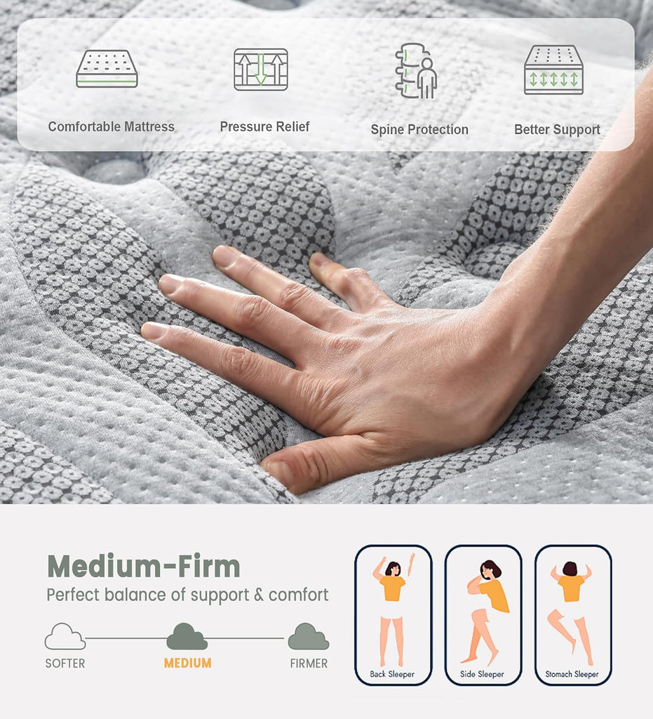 12 Inch Full Mattress, Medium Firm Hybrid Mattress in a Box | Gel Memory Foam & Pocket Coils, Grey Euro Top Mattress