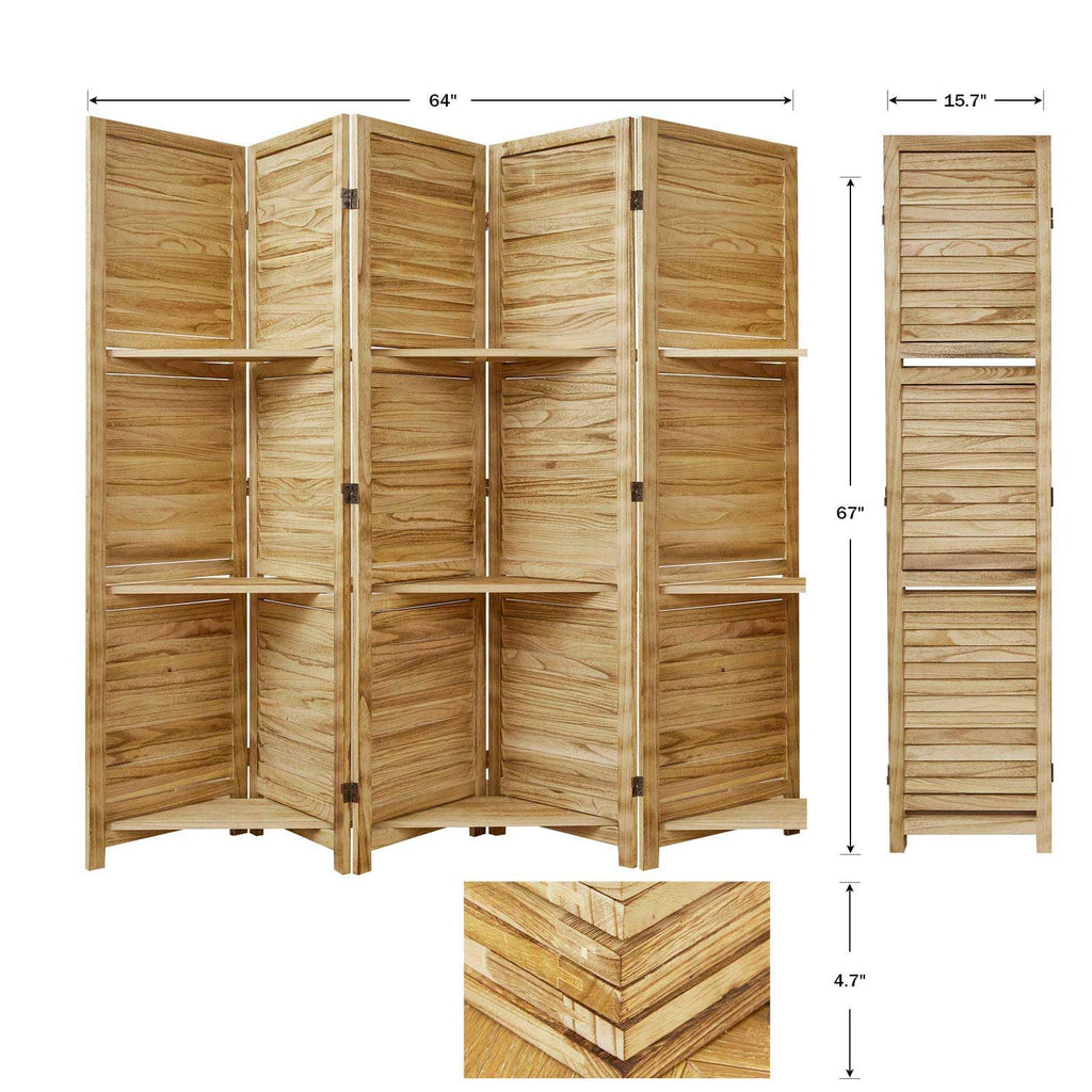Partition Room Dividers, Folding Wood Privacy Screen with Three Display Shelves Suitable, Study, Art Display - 5