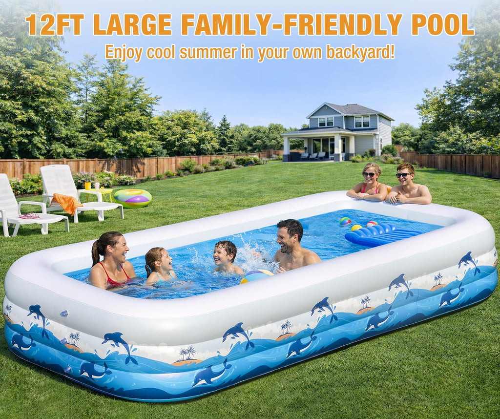 Extra Large Inflatable Pool with Lights - 145" x 74" x 22" Swimming Pool for Adults with Solar Powered, Blow Up Pool