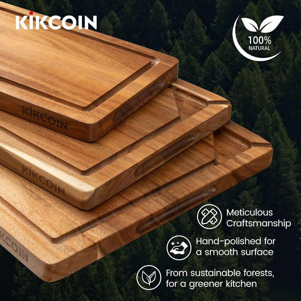 Acacia Wood Cutting Board Set of 3, Wooden Cutting Boards with Deep Juice Grooves, Butcher Block Wooden Chopping