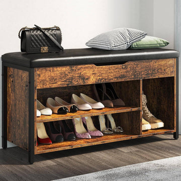 Shoe Bench, Lift Top Shoe Storage Bench, Adjustable Shelf Entryway Bench, Metal and Wood Shoe Rack Organizer with