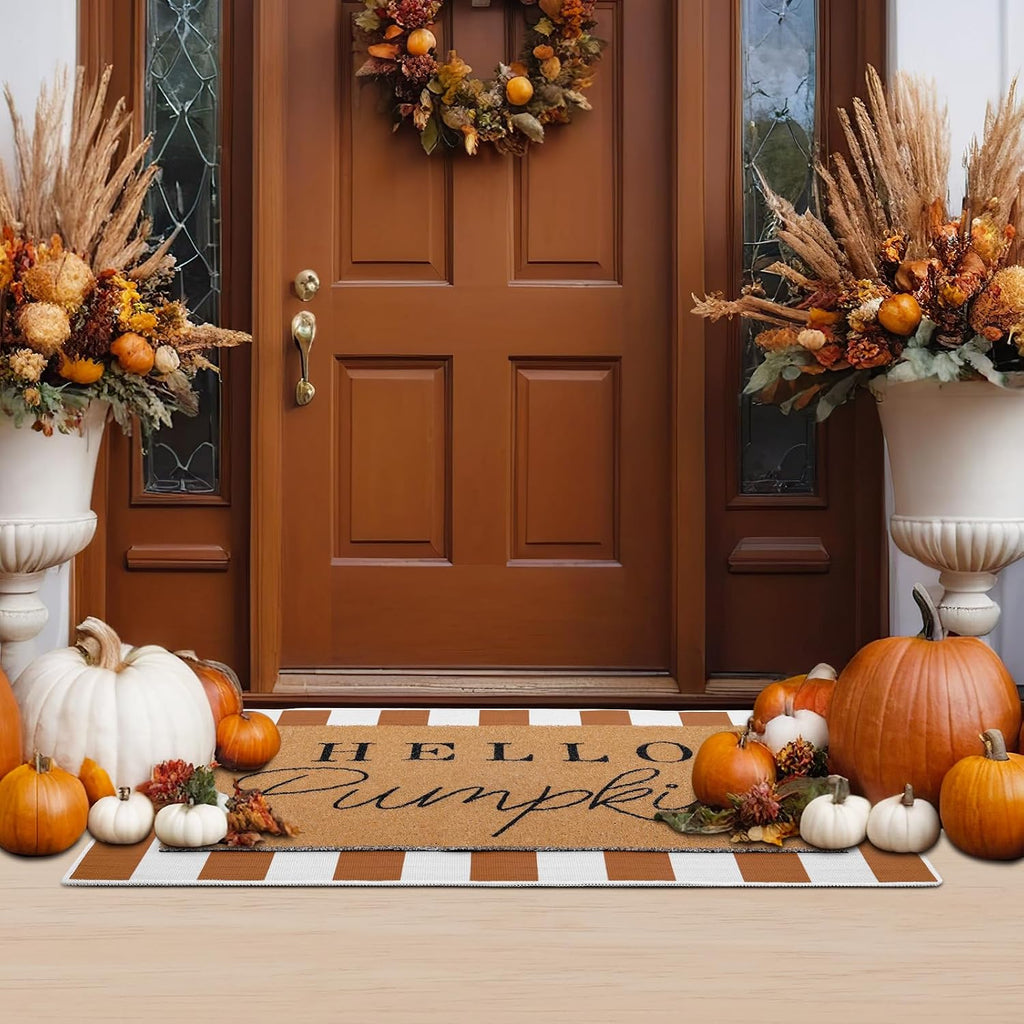 Hello Pumpkin Layered Doormat Set, White Orange - Set of 2