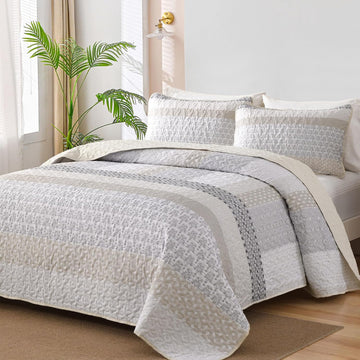 Beige Quilt Queen, Bohemian Stripe Quilt Sets 3 Pieces Beige Boho Quilted Bedspread Set Lightweight Microfiber