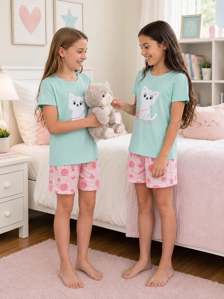 Girls Cotton Blend Pajamas Cute Print Short Sleeve Set