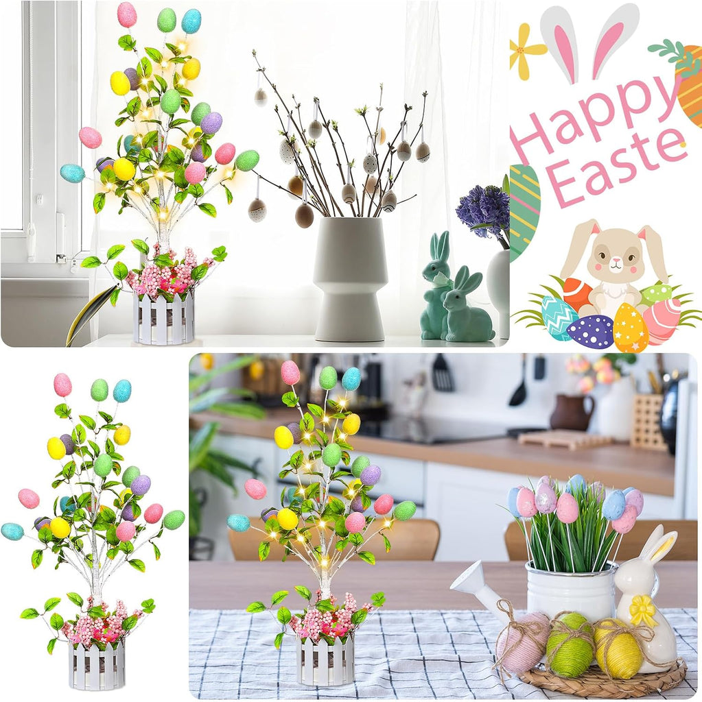 24 Inch Tall Lighted Easter Egg Tree Tabletop Decoration with LED Light Indoor Glow Easter Egg Tree Table Decor Party