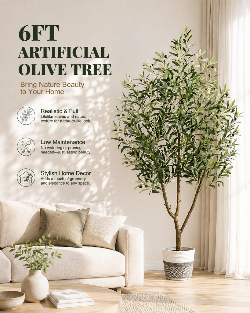 6FT Artificial Olive Tree, Fake Olive Tree with Woven Basket for Indoors