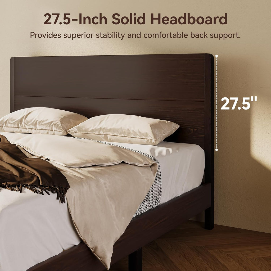 Wood Queen Bed Frame, Platform Bed with Tall Headboard, Solid Wood Slat Support, Noise-Free Mattress Foundation, No