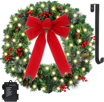 24in Prelit Christmas Wreath for Front Door Christmas Decorations- Timer 8 Light Modes- Battery Operated Lighted
