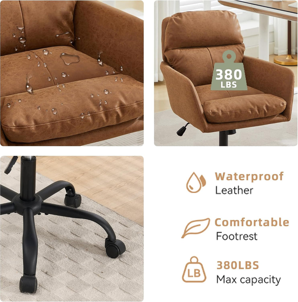 Adjustable Home Office Desk Chair with Comfy Square Mid-Back, Faux Leather 360 Swivel Upholstered Task Armchair with