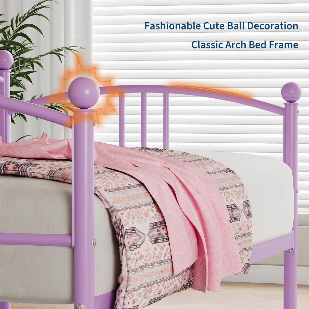 Twin Daybed with Trundle, Sturdy Metal Day Bed with Arched Headboard and Steel Slat Support, Pullout Trundle with 6