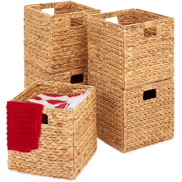 12x12in Hyacinth Baskets, Rustic Set Of 5 Multipurpose Collapsible Storage Organizer, Handwoven Laundry Totes