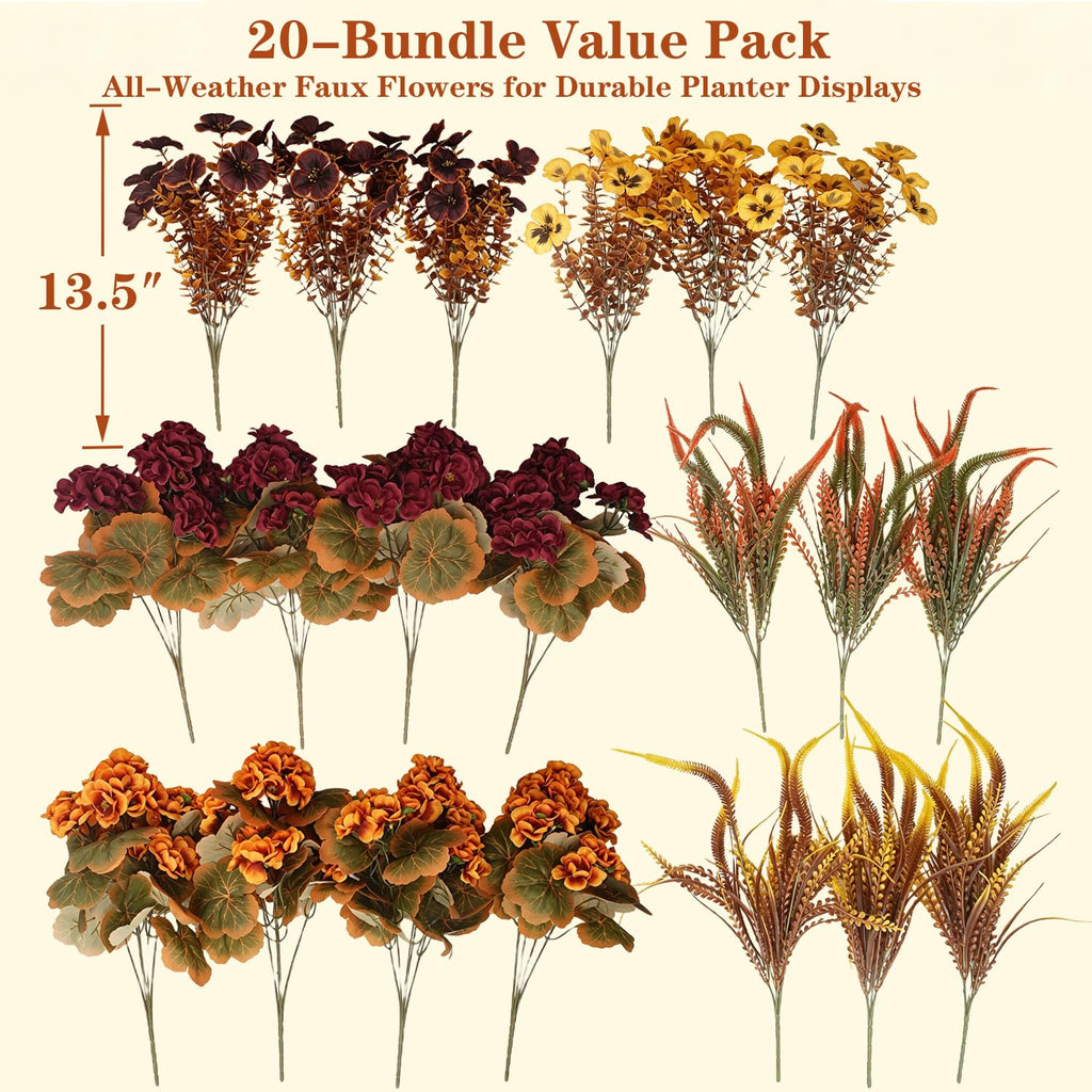 20Pcs Artificial Fall Flowers UV Resistant Outdoor Outside Decor