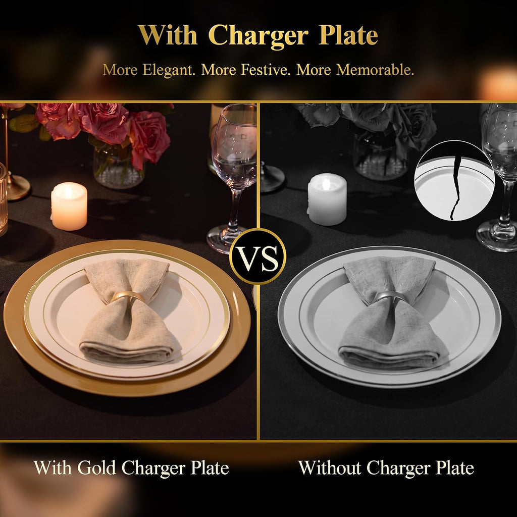 Inch Charger Plates, 25 Pack Gold Charger Plates, Plastic Charger Plate Bulk for Dinner, Wedding, Party, Event - Set of 25