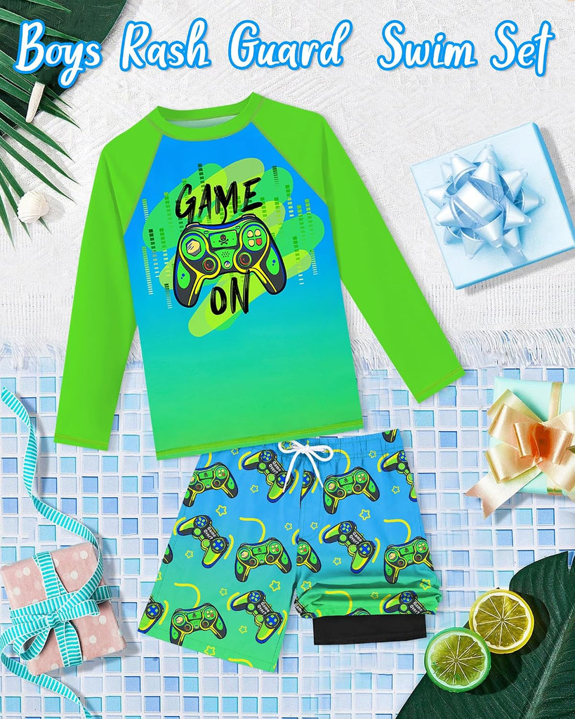 Boys Rash Guard Swim Set with Swim Trunks Bathing Suit Long Sleeve Swim Shirt Quick Dry Swimsuit Kids Swimwear Size