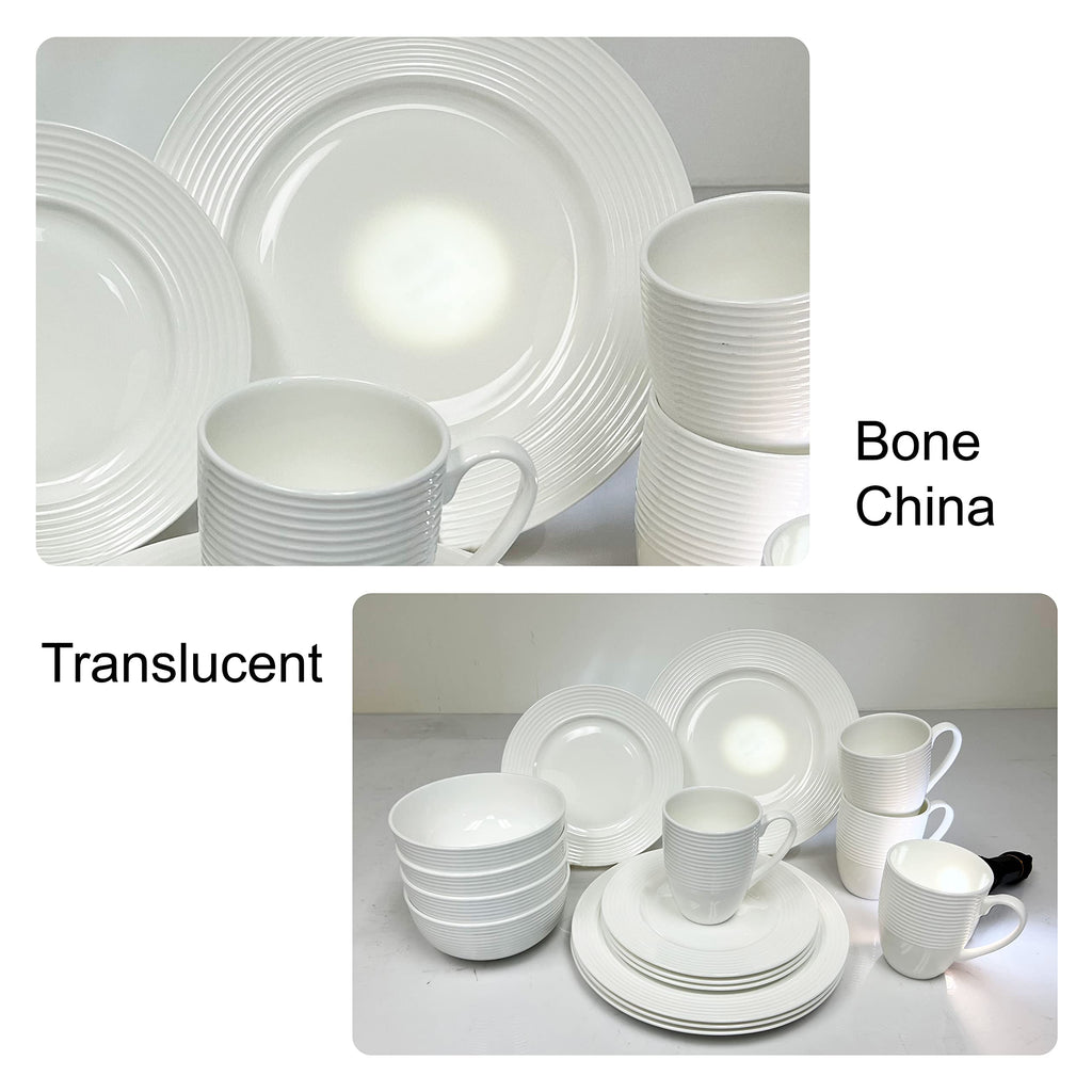 Bone China 16 Piece Dinnerware Dish Set, Service for 4, White Embossed Circle, Microwave Safe, Translucent, Elegant