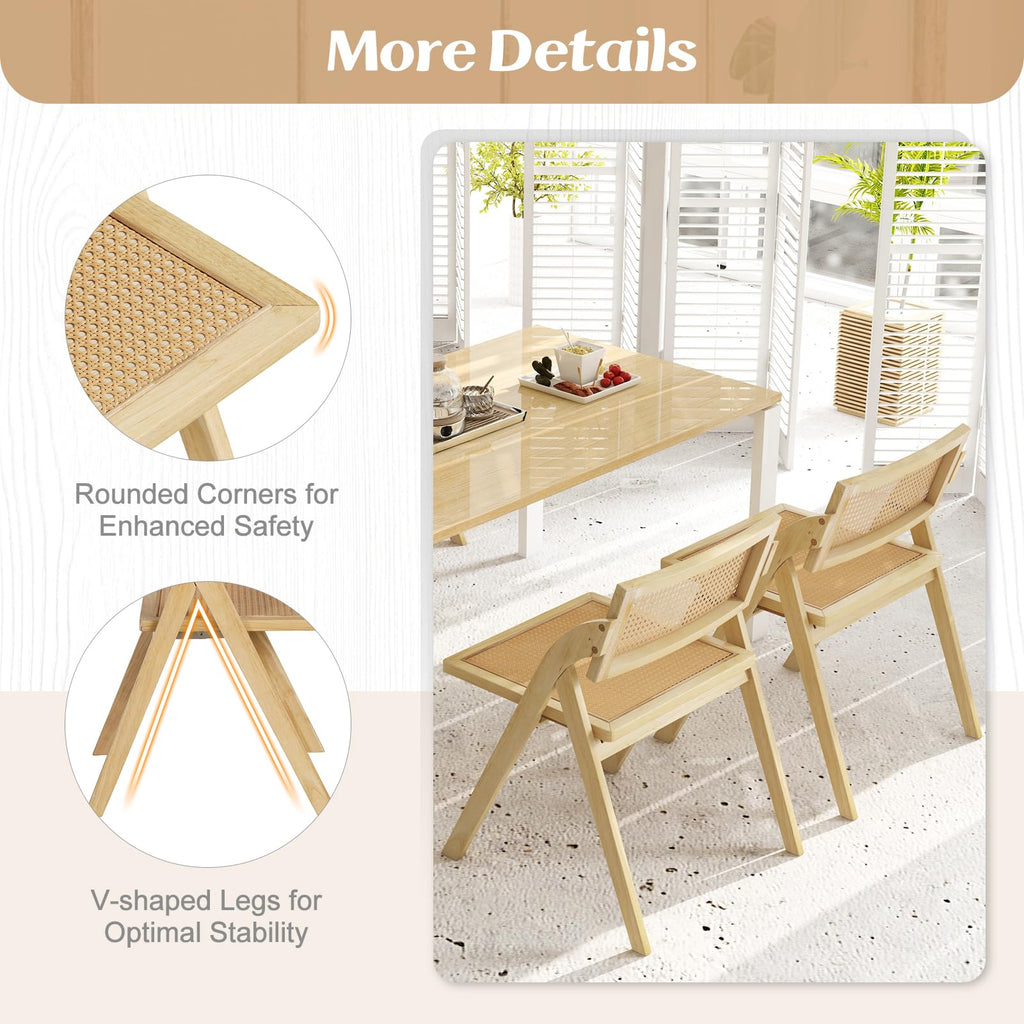 Folding Dining Chairs Set of 4, Wooden Folding Chair with Rattan Backrest & Seat, Sturdy Rubber Wood Frame, Armless