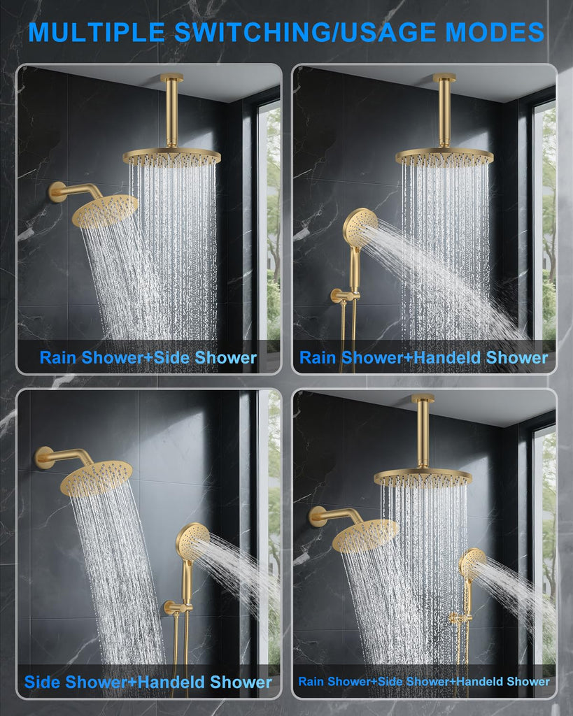 Shower System with Pressure Balance Valve, 10" Ceiling Mount Shower Faucet Set with 2 Rain Shower Head