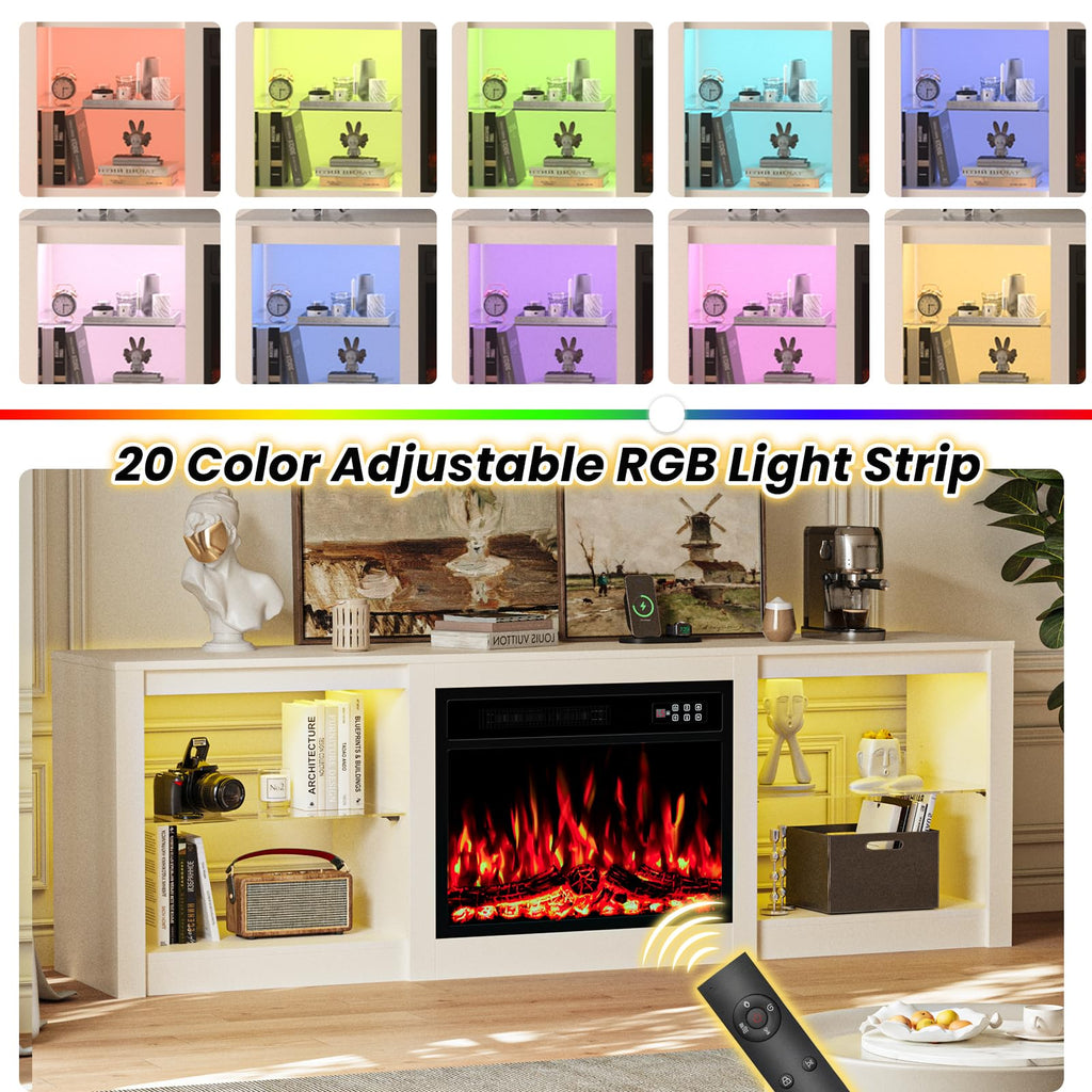 70 Inch Fireplace TV Stand for TVs up to 80 Inch with 23" Electric Fireplace, Modern Entertainment Center with Glass