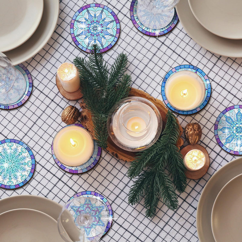 8 Pcs Snowflake Diamond Painting Coasters with Holder, Simple