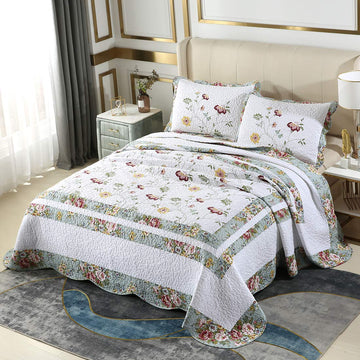 3-Piece Embroidered Floral Cotton Quilt Set Elegant Reversible Lightweight Soft Bedspread Coverlet with 2 Pillow