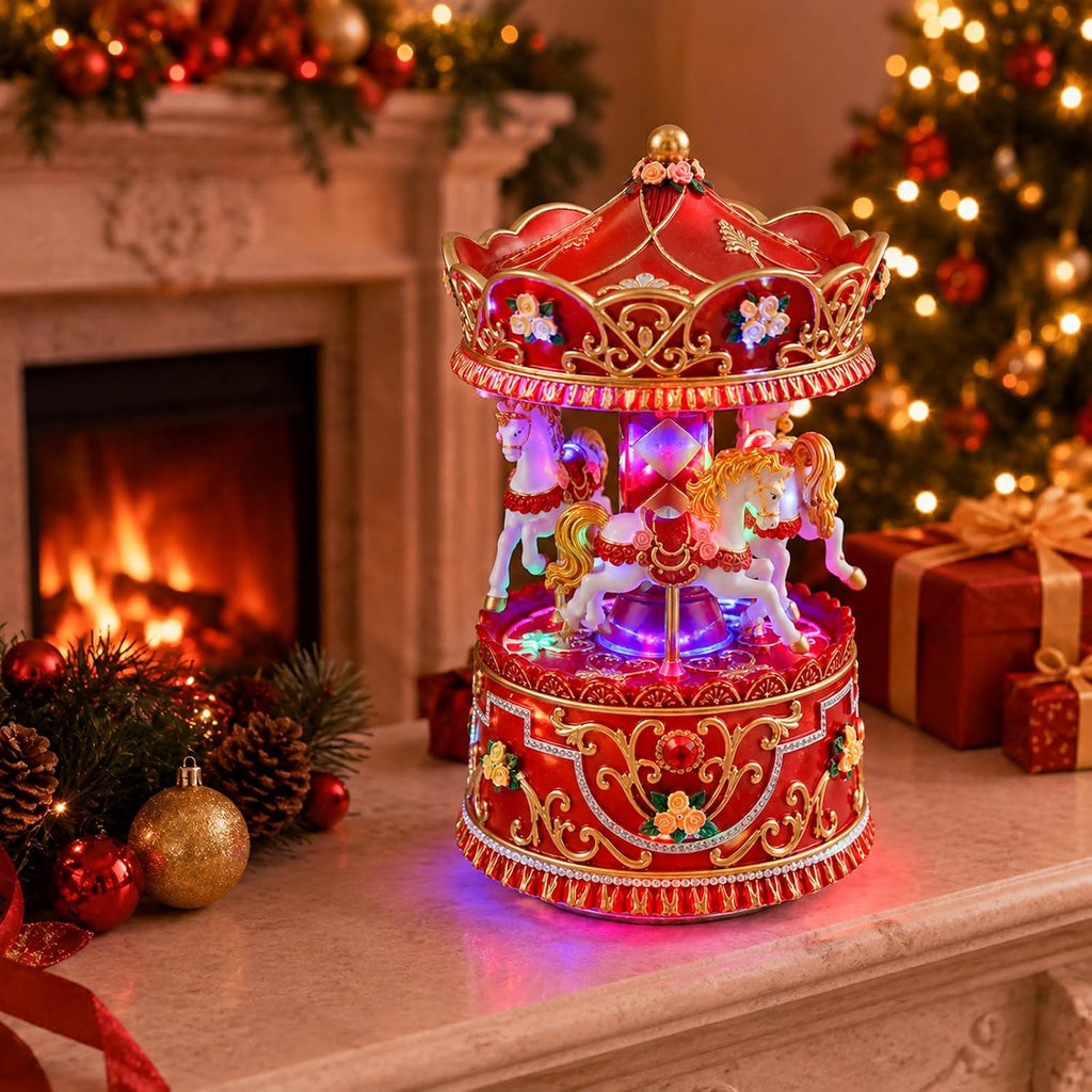 Christmas Carousel Music Box with Lights, Rotating Wind-Up Merry-Go-Round Horse Figurine, Hand-Painted Red and Gold
