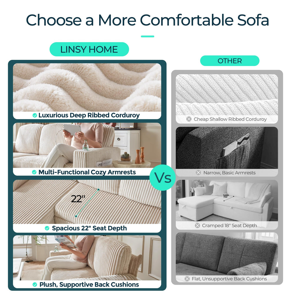 L Shaped Sectional Pull Out Couch, 6 Seats Corduroy Sleeper Sofa with Storage Chaise&Seat and Versatile Armrest, 106"