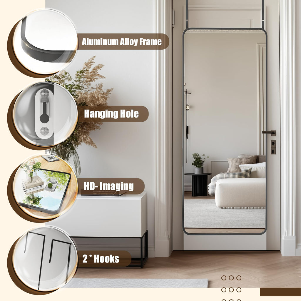 Over The Door Mirror Full Length, 58'' x 21''Wall Mounted Hanging Mirror, Aluminum Alloy Frame, Shatterproof Glass