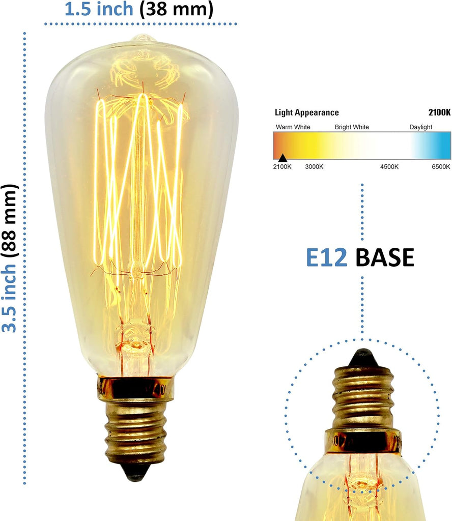 Vintage Retro Edison Bulb, ST38, 40w, E12 Base (Small), 2-Pack