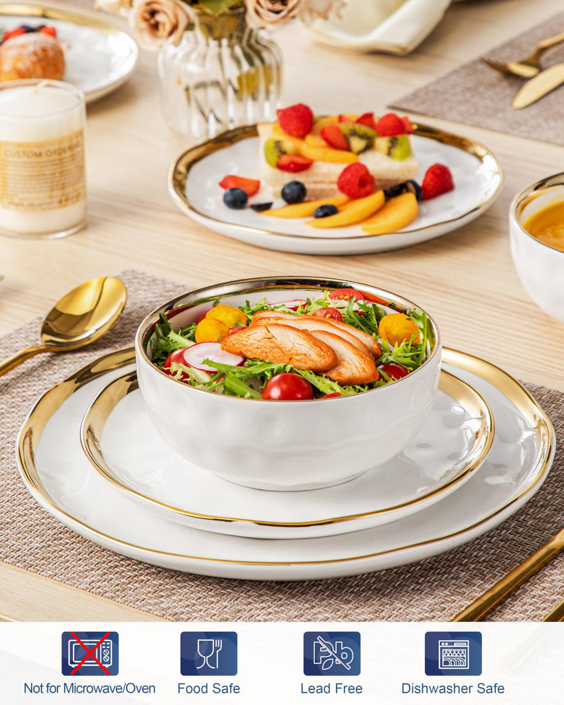 12 Pieces Plates and Bowls Sets, Porcelain White and Gold Dinnerware Sets, Round Dinner Plates Dishes Set Service