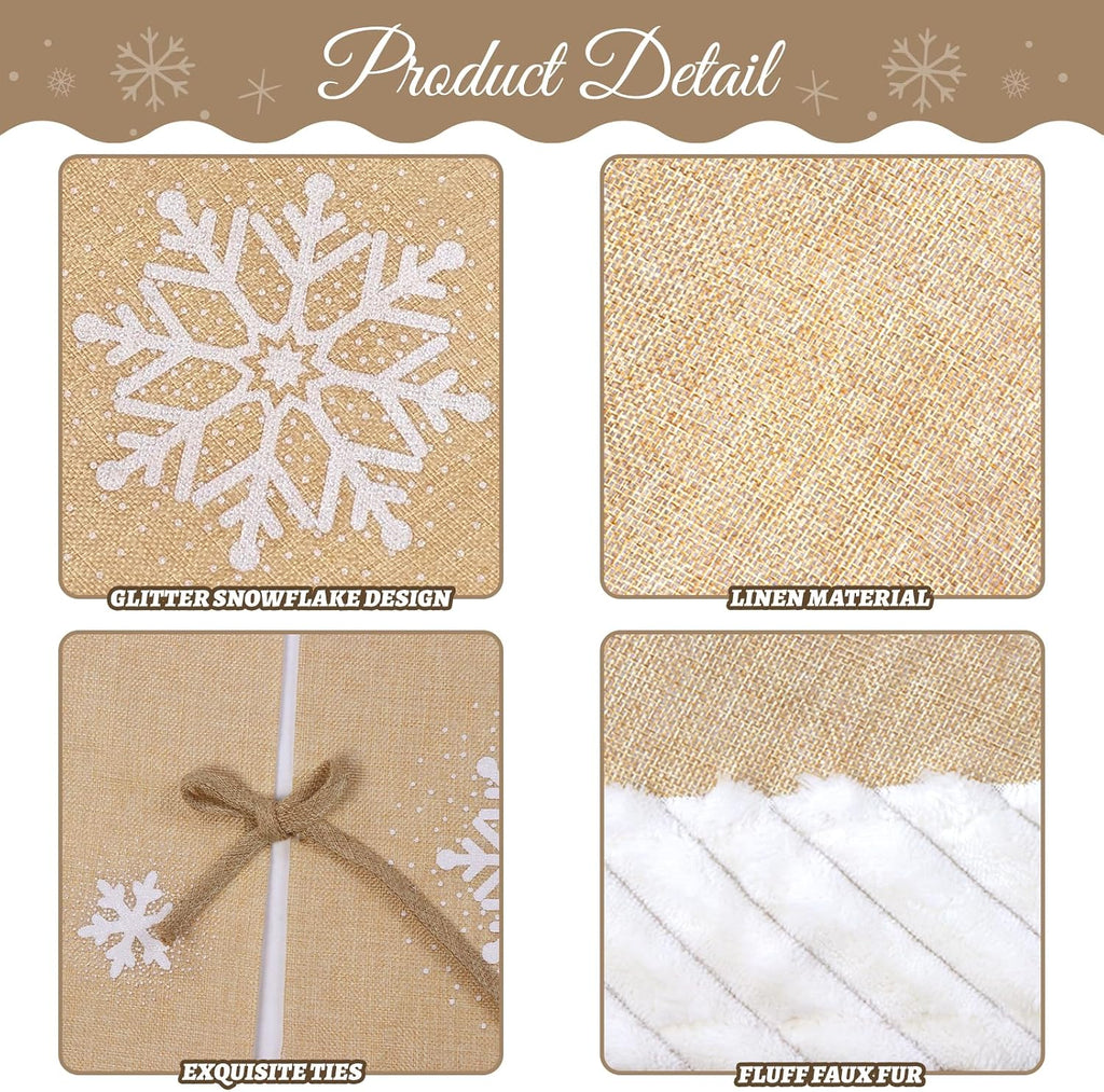 72 inch Christmas Tree Skirt, Burlap Tree Skirt for 7.5 ft Tree to 12 ft Tree, Large Snowflake Tree Skirt with Faux