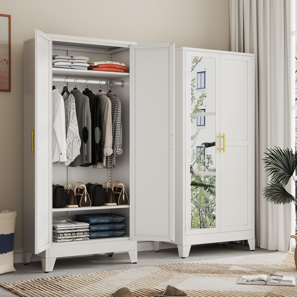 71" H Metal Armoire Wardrobe Closet with Mirror, Adjustable Shelve, Clothes Drying Pole, Steel Wardrobe Cabinet
