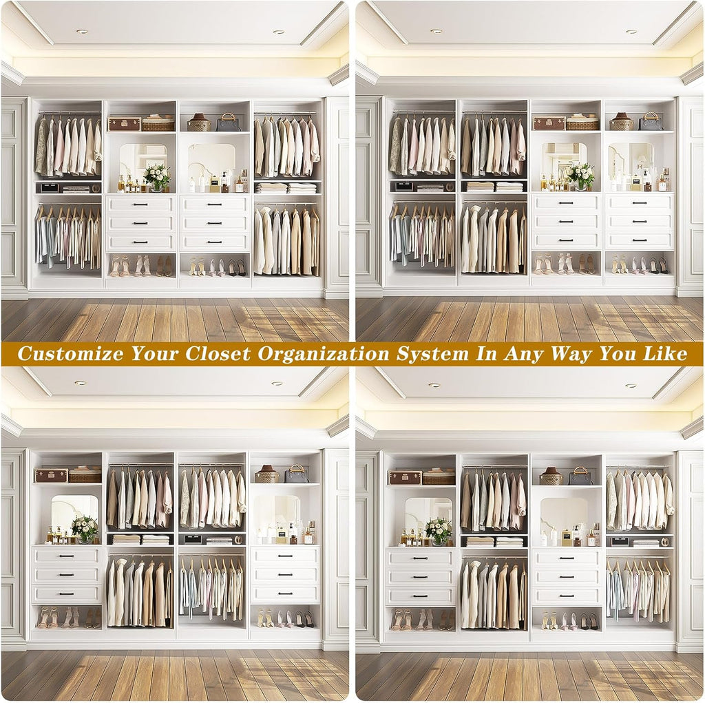 100" Wood Closet System with Drawers and Mirror, White | Large walk in wardrobe organizer with hanging rods and