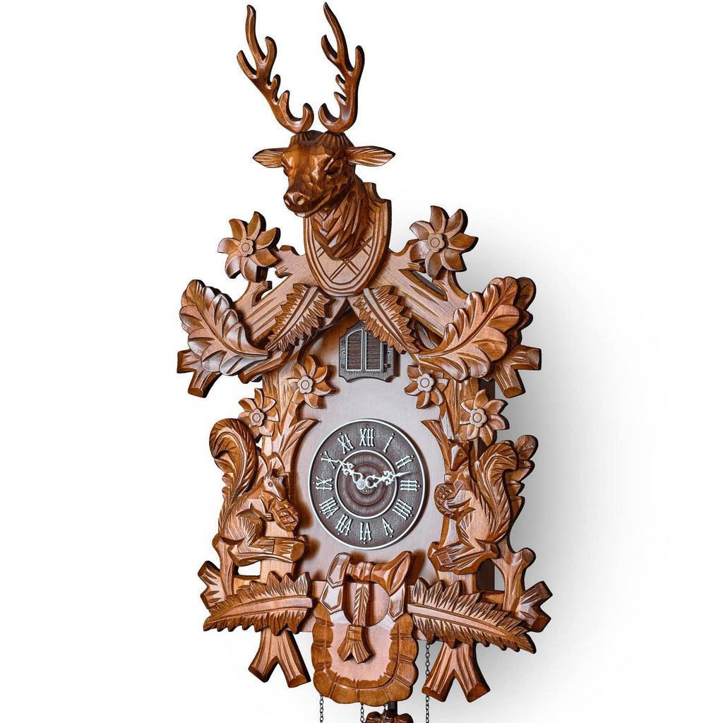 Cuckoo Clock with Automatic Night Mode, Hand Carved Deer Head and Wooden Decorations (Brown)